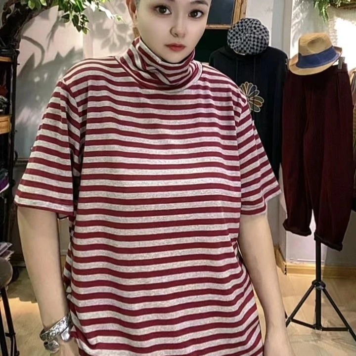 休闲条纹高领显瘦中袖卫衣（09）