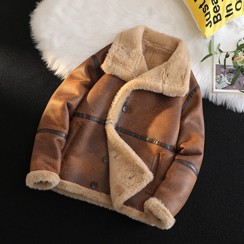 羊羔绒外套男冬季加绒加厚皮毛一体夹克时尚翻领冬装休闲宽松保暖