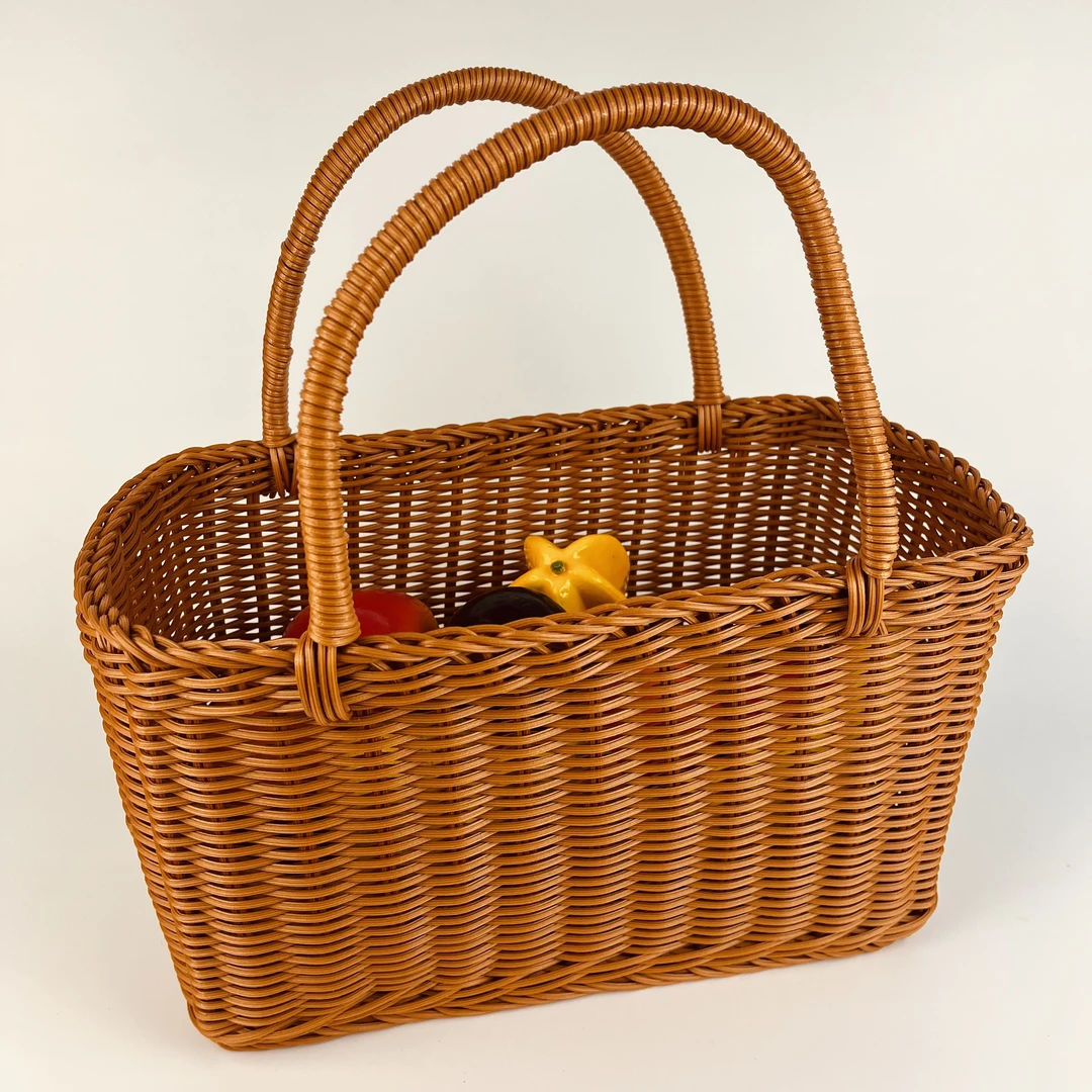 棕色手提菜篮子实用蓝仿藤编织超市购物篮网红野餐篮澡堂拎包收纳