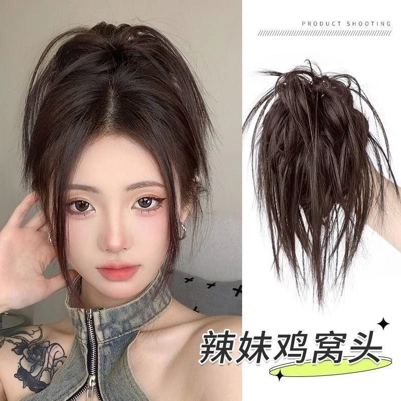 鸡窝头女丸子头发圈辣妹蝴蝶结新中式懒人抓夹蓬松假发片头饰薄款
