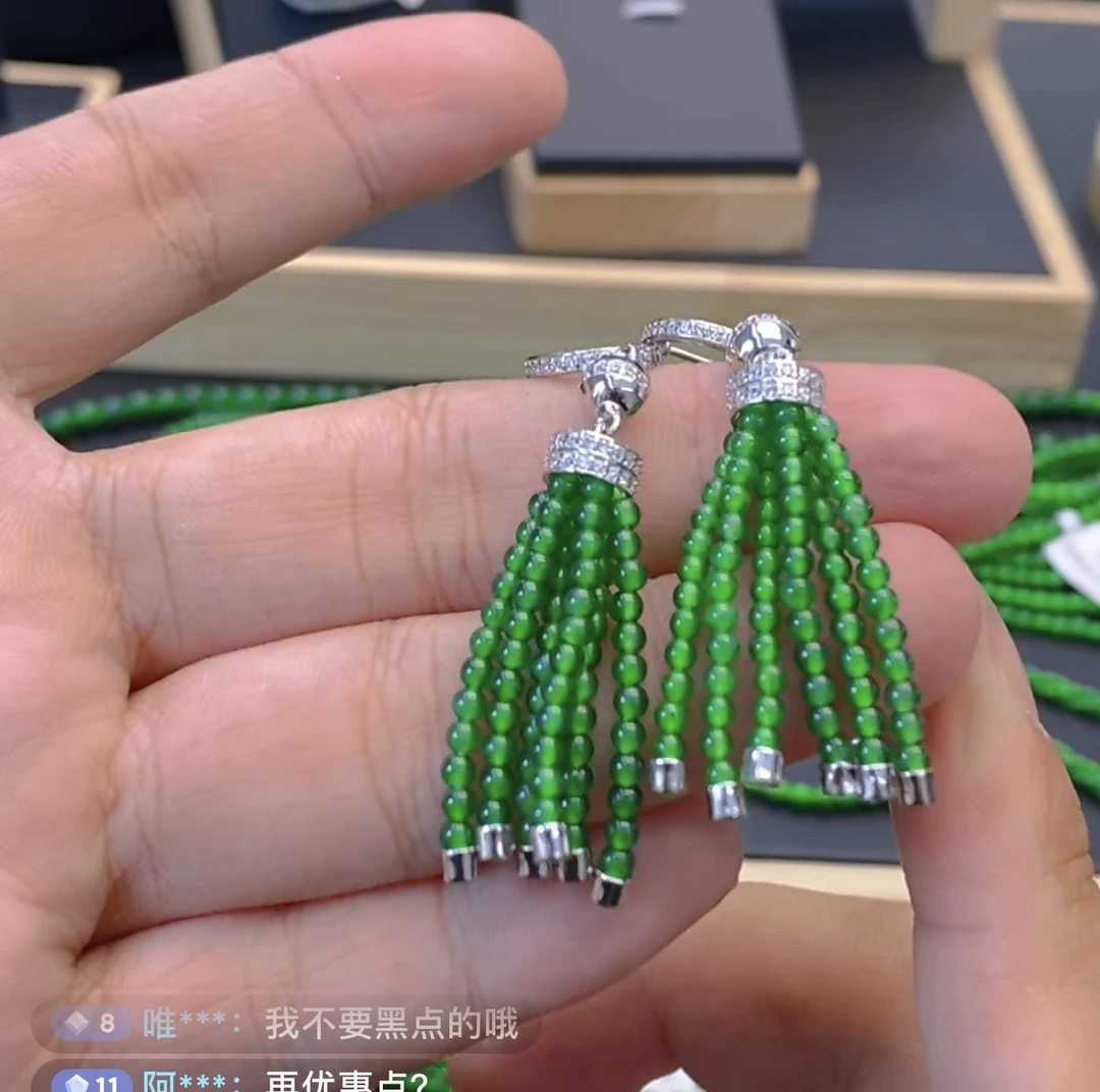 天然a货翡翠老坑冰种流苏耳钉国标s925银