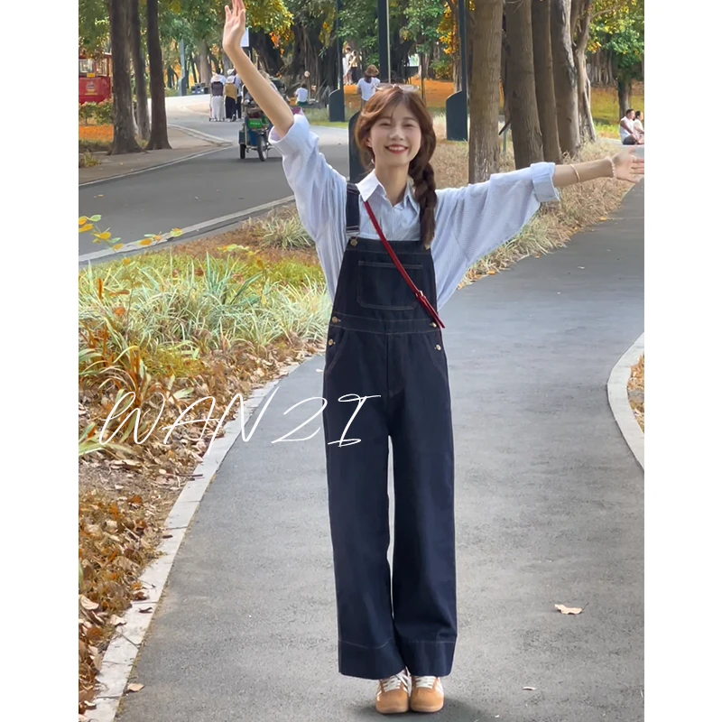 WANZI1-9073（不掉色）牛仔背带裤女连体裤显瘦显高长裤阔腿裤宽松