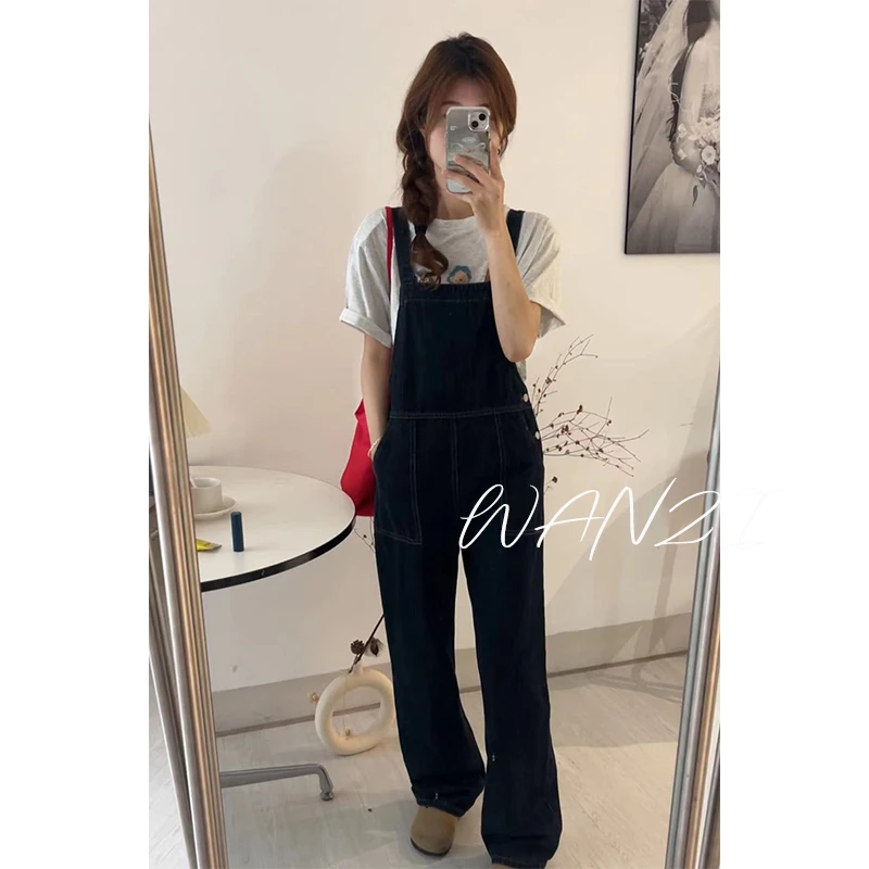 WANZI蓝色直筒牛仔背带裤女宽松显瘦休闲连体裤春季阔腿裤