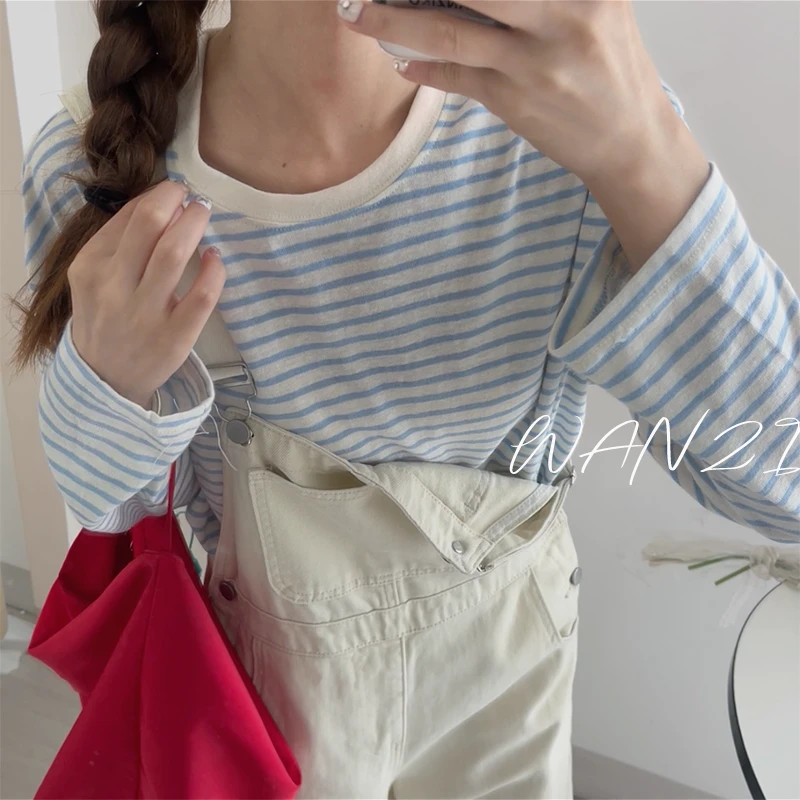 WANZI-条纹长袖薄款显瘦秋款时尚打底上衣宽松百搭上衣圆领