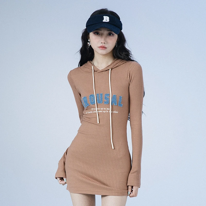 AROUSAL牛仔贴布卫衣连衣裙美式街头休闲连帽收腰显瘦短款纯欲裙