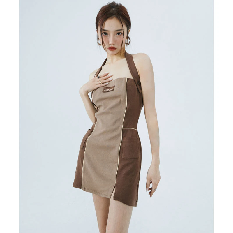 AROUSAL可拆卸挂脖连衣裙拼接 春夏女针织吊带显瘦修身包臀裙辣妹