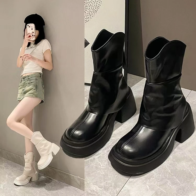 时尚百搭厚底瘦瘦靴女2024年秋冬新款防水台粗跟拼接马丁靴英伦风