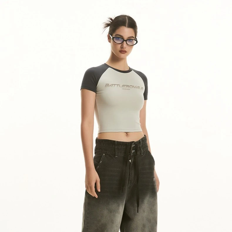 IMXS数码直喷印花短袖T恤女辣妹风圆领露脐短款半袖潮牌