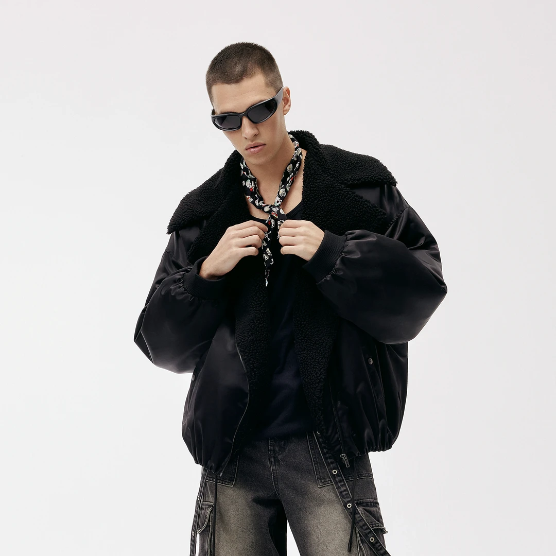 IMXS斜拉链空军夹克黑色2024秋冬新款大翻领美式复古毛毛外套