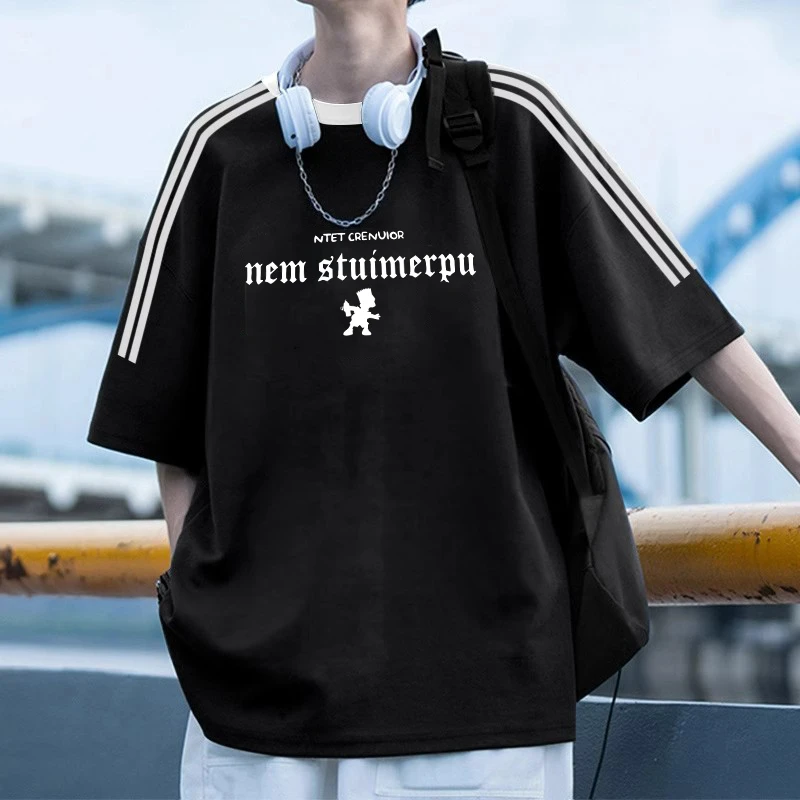 重磅条纹短袖t恤男夏季美式高街hiphop休闲设计感情侣上衣ins潮牌