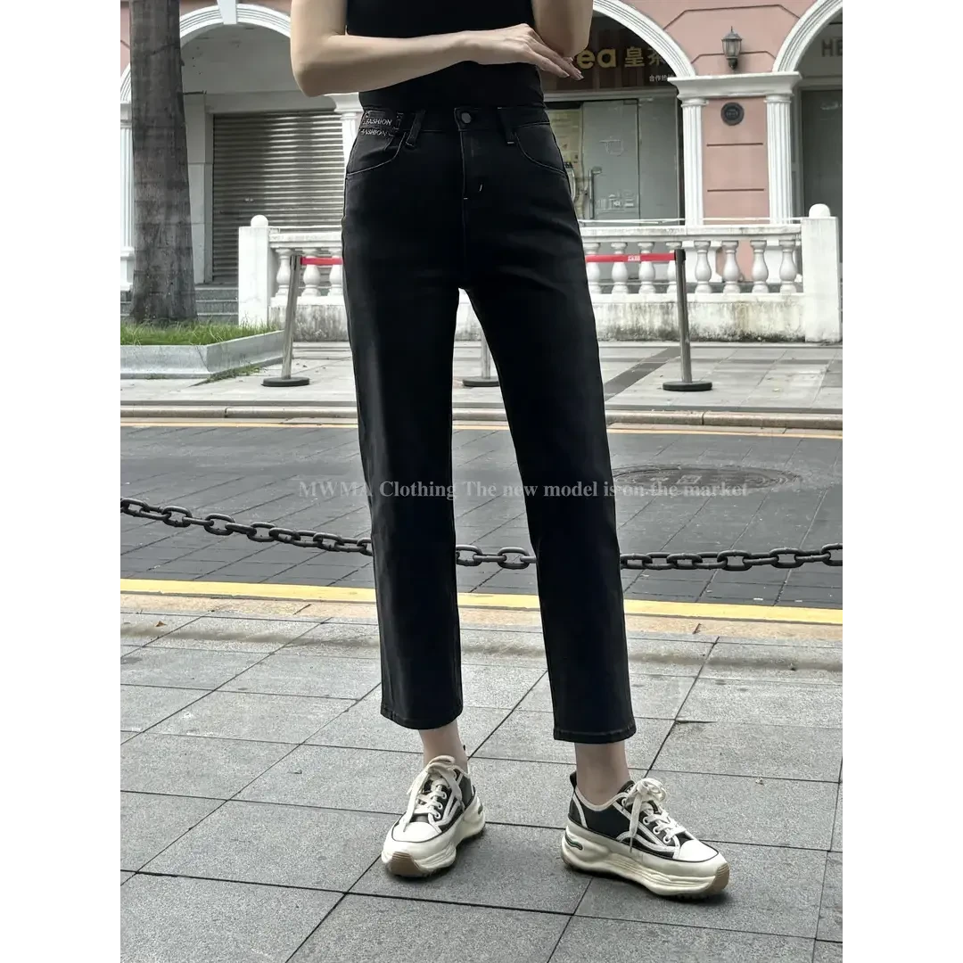 SU【090】65花愫玥MWMA超爆黑色刺绣粉标四面弹九分裤烟管裤~