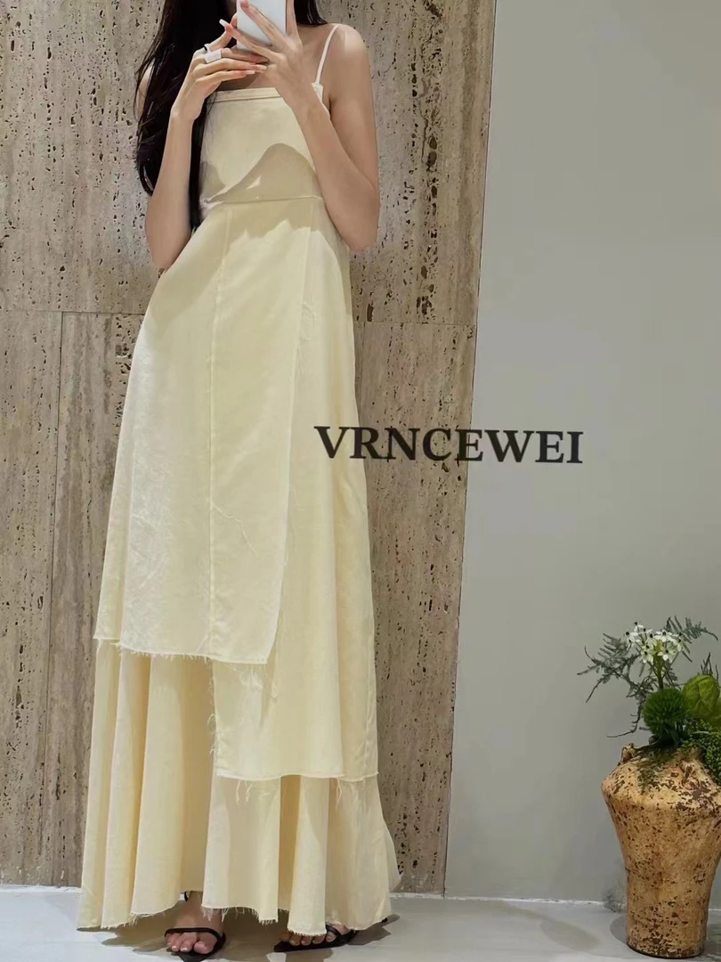 法式慵懒风不规则设计感小众拼接高腰无袖吊带连衣裙长显瘦气质女