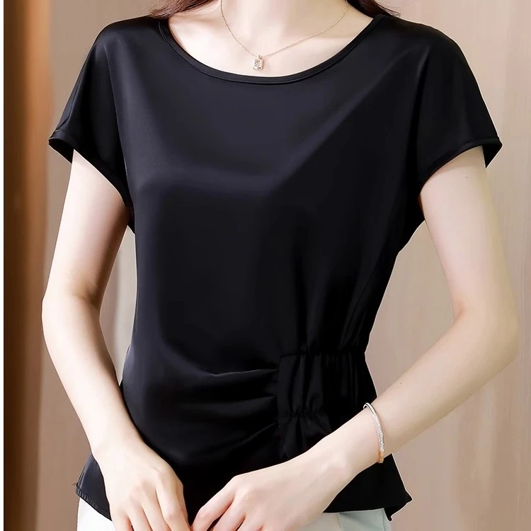 醋酸缎面t恤女短袖2024夏季新款高端气质收腰小衫不规则别致上衣