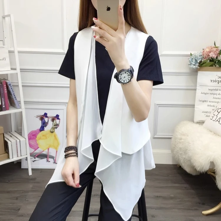 夏装雪纺女装开衫无袖马甲夏季大码马夹中长款洋气背心披肩外搭潮
