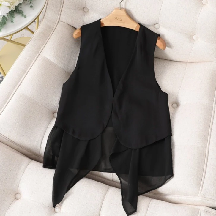 不规则雪纺马甲女假两件无扣坎肩背心宽松薄款春夏女士百搭外套潮