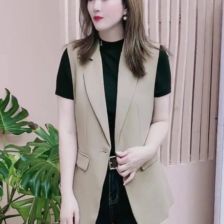 斜纹小西装马甲女外套春秋季小个子宽松无袖坎肩马夹西服背心外搭