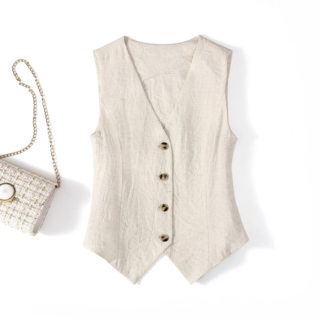 网红气质马甲夏季薄款女外搭新款修身短款无袖西装亚麻背心女