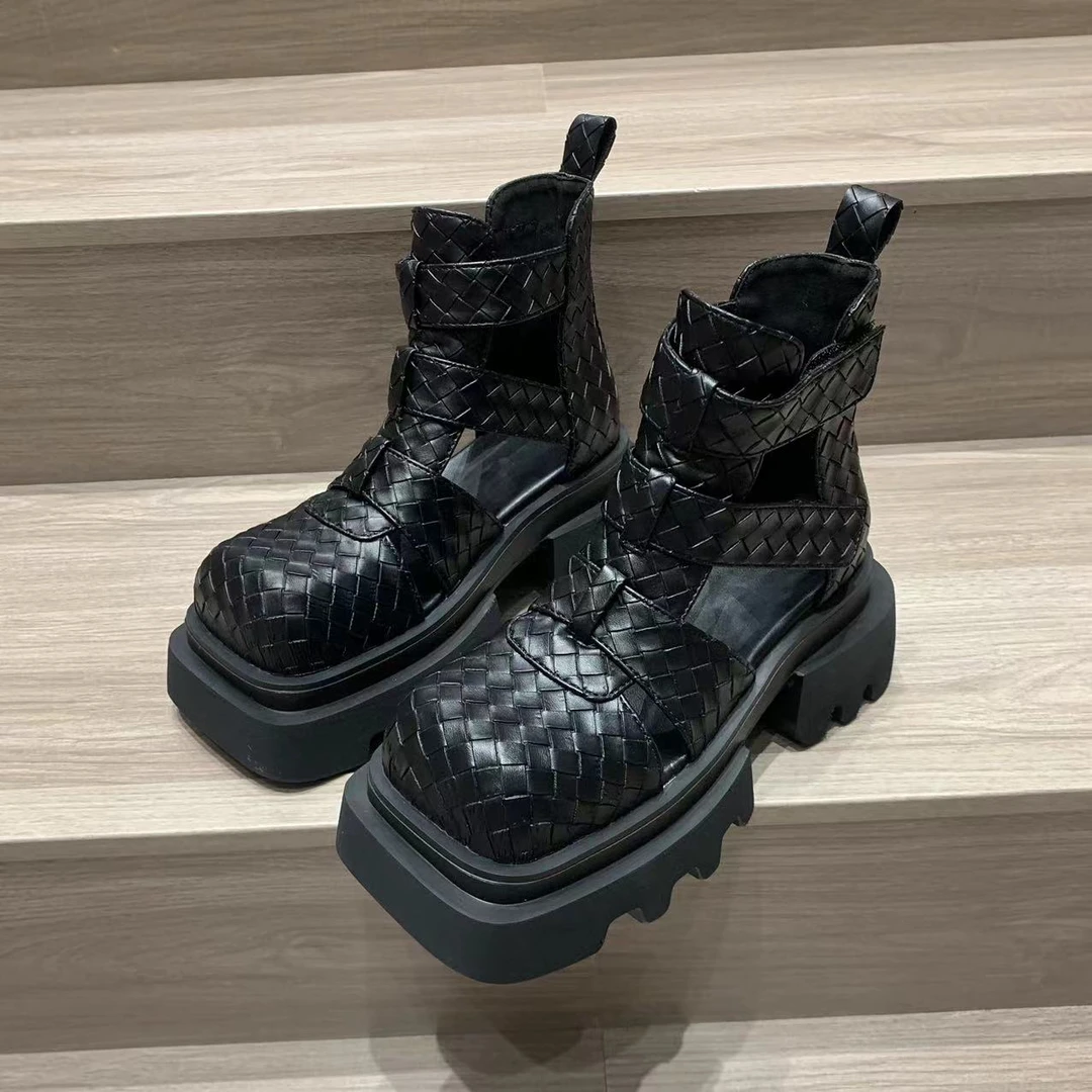 罗马镂空切尔西夏季短靴编织包头新款厚底方头魔术贴高邦凉鞋