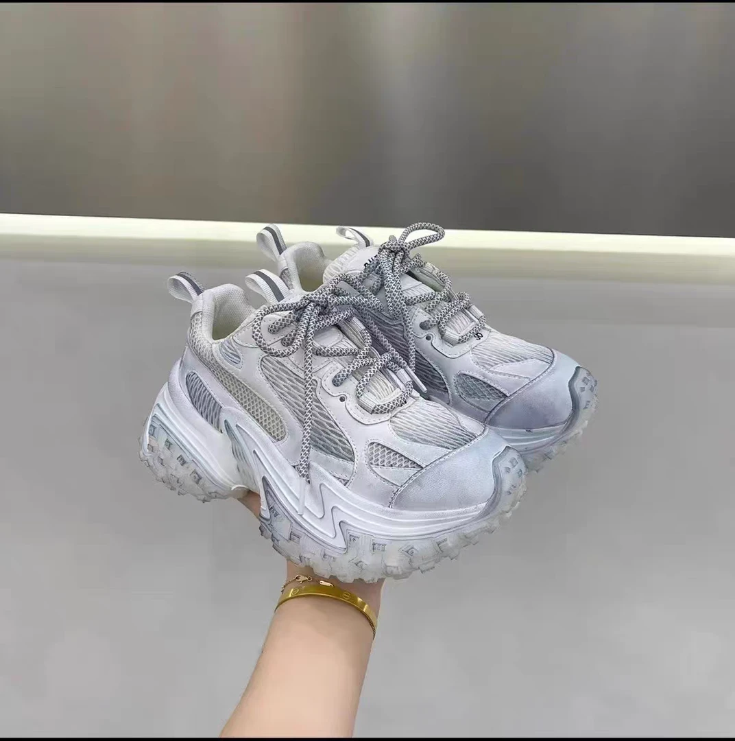 韩版做旧真皮女鞋2024春季新款网面老爹鞋网红厚底运动增高休闲鞋