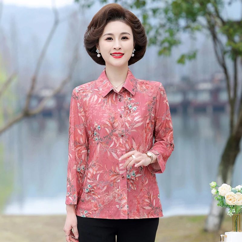 50岁60妈妈洋气春夏装新款中老年对襟开扣衬衫修身显瘦九分袖衬衣