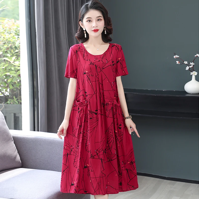 夏装妈妈装棉绸遮肚连衣裙中老年大码显瘦洋气短袖过膝裙子女新款
