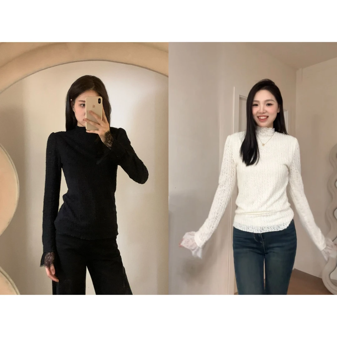 48H《神仙百搭单品》高个子女装 高领蕾丝内搭上衣长袖t恤 Au159