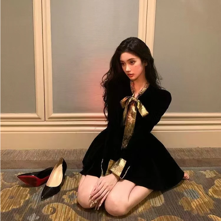 48H【优雅的冬日少女】圣诞穿搭丝绒法式蝴蝶结生日战袍年会裙Au249