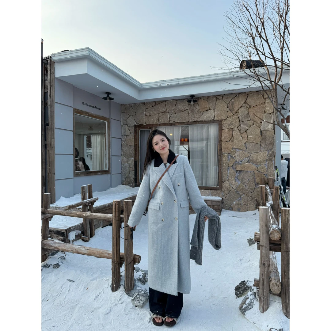 48H飞《冰雪海盐》高个子西装式双排扣毛呢大衣夹棉外套Au118