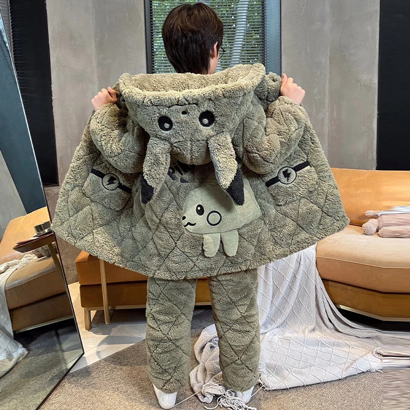 男童睡衣珊瑚绒秋冬季加厚款三层夹棉冬款儿童男孩大童学生家居服