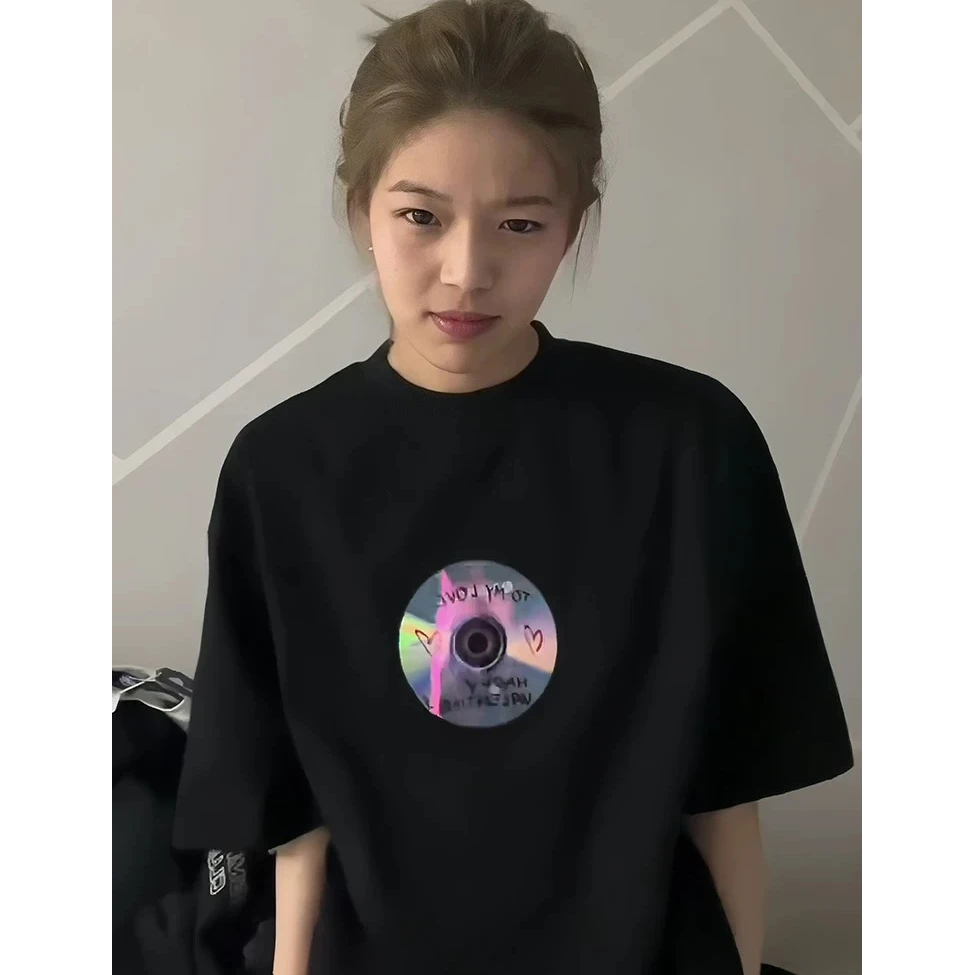 美式高街光盘短袖垫肩t恤男夏季重磅oversize小众高级感情侣半袖