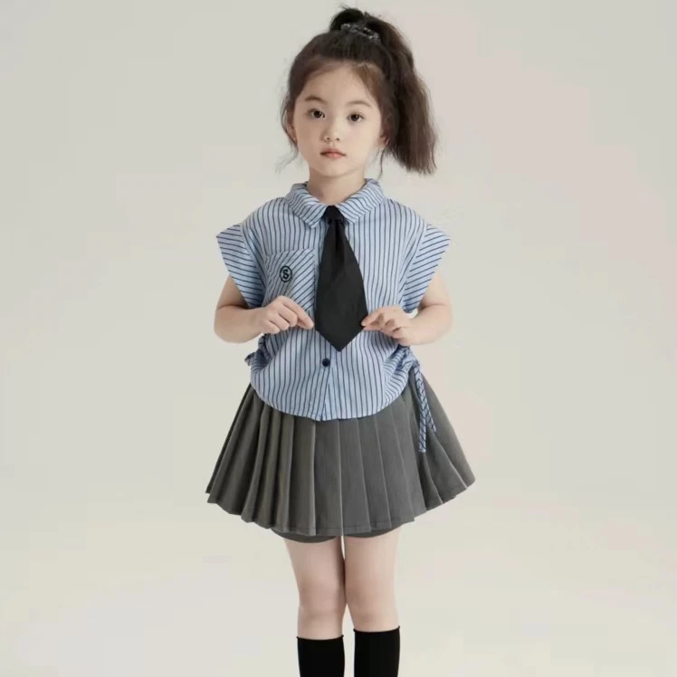 睿达女童夏装衬衣儿童美式学院风套装宝宝翻领蓝条纹无袖衬衫