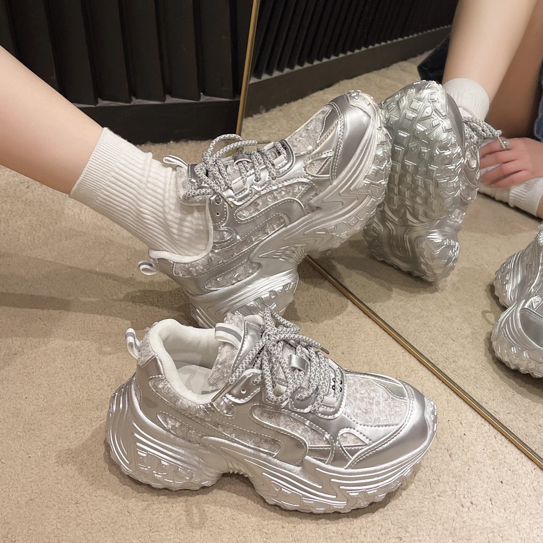 银色老爹鞋女款2024新款爆款洋气厚底增高夏季百搭ins休闲运动鞋