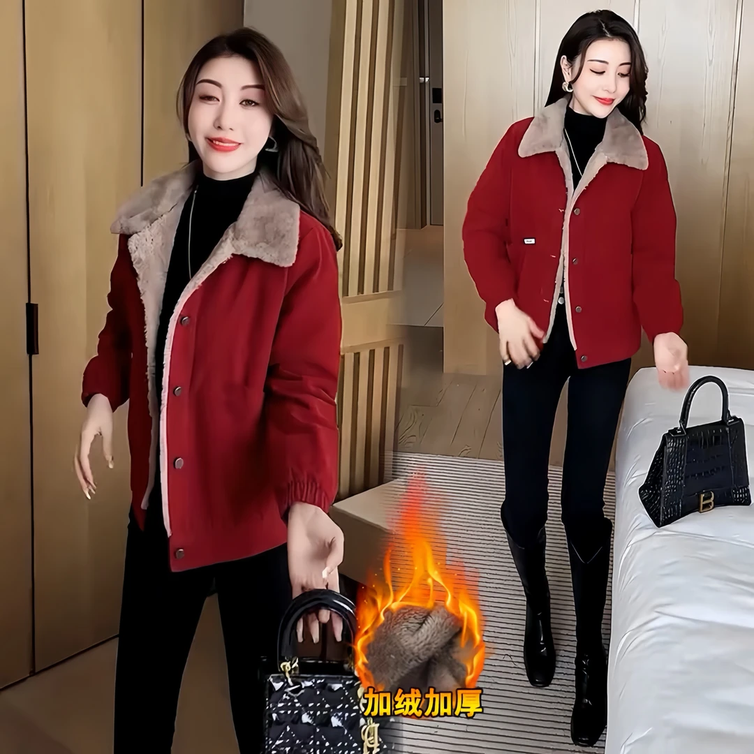 冬季加绒秋冬短款加厚灯芯绒保暖新款时尚宽松小个子显瘦休闲百搭