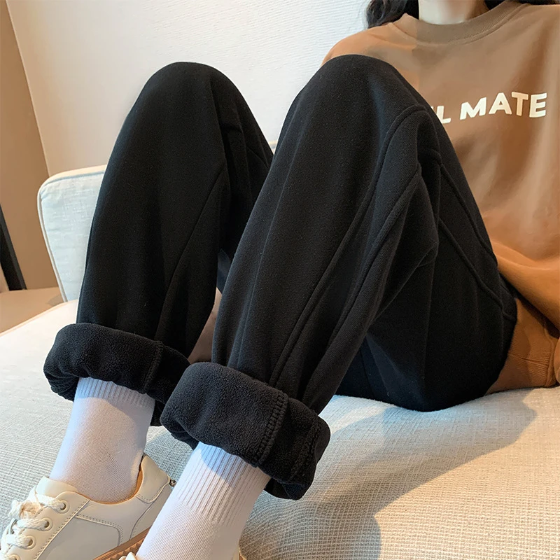 男女同款秋冬加绒卫裤时尚加厚高腰束脚宽松休闲裤