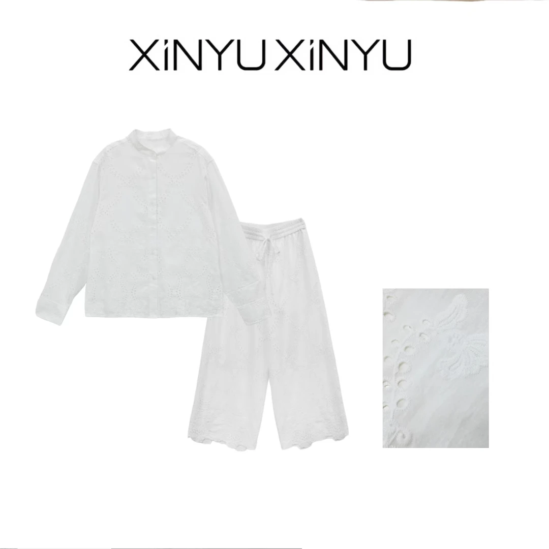 XINYU/芯与『尼斯记忆』100棉无领镂空衬衫 松紧腰裤子 30950