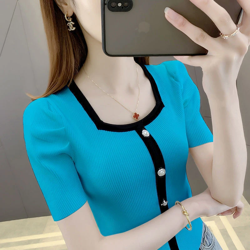 冰丝短袖t恤女2024年初秋新款设计感泡泡袖高腰短款针织上衣体恤