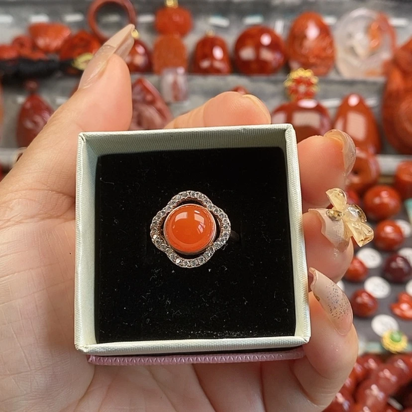 【闪购商品】南红玛瑙戒指银S925镀金镶嵌