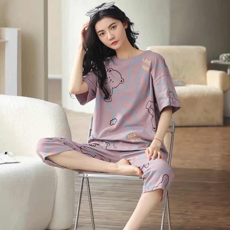睡衣女款夏天短袖7七分裤夏季2024新款春秋夏款少女士家居服套装