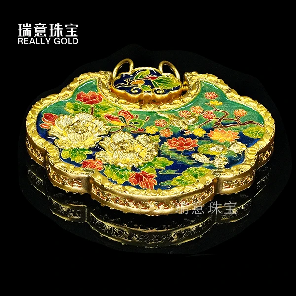 黄金足金999高温烧蓝牡丹猫咪如意锁吊坠(联系客服问有没现货