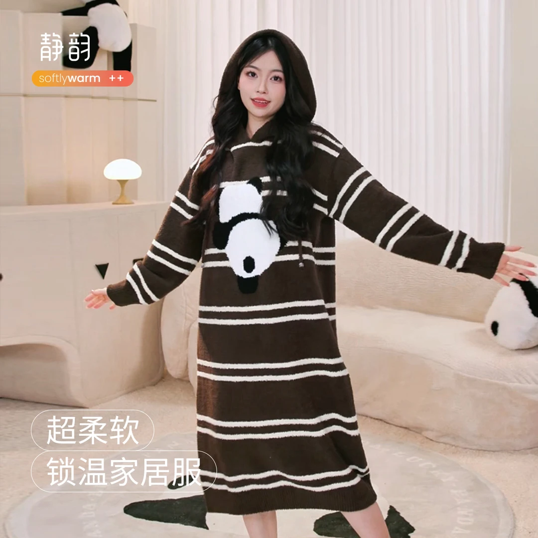 静韵【超柔软】半边绒连帽睡裙女加绒加厚秋冬季睡衣可外穿家居服