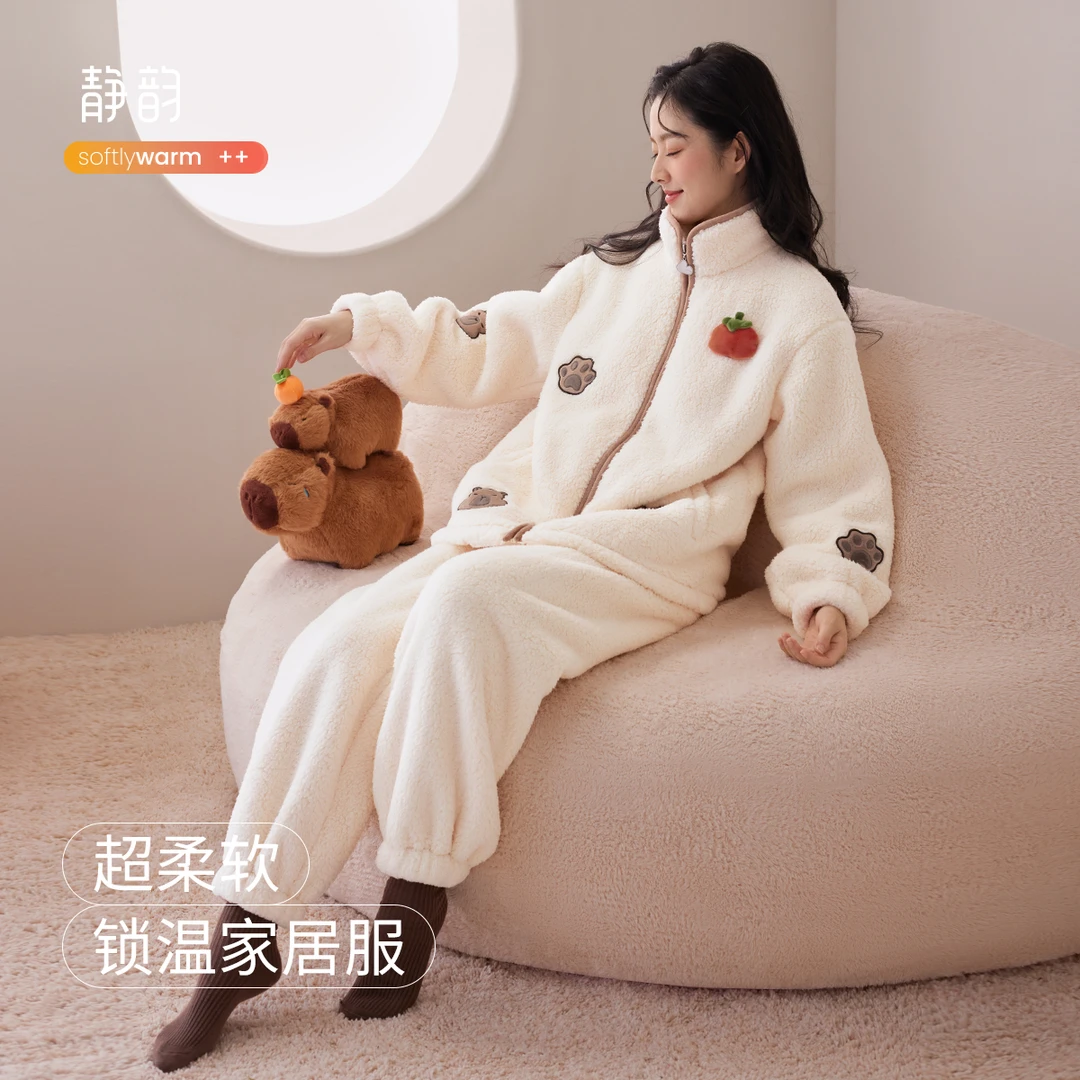 【超柔软】珊瑚绒卡皮巴拉睡衣女秋冬季羊羔绒可爱家居服套装