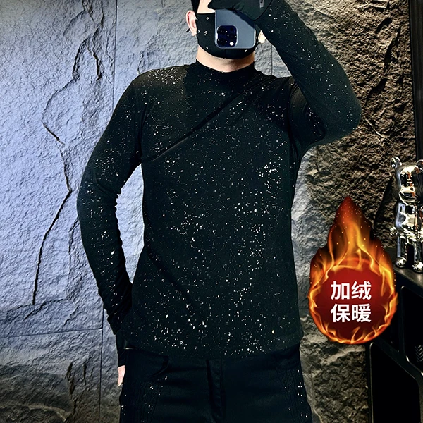 2024男士长袖满天星时尚加绒半高领秋冬韩版修身潮流百搭9909