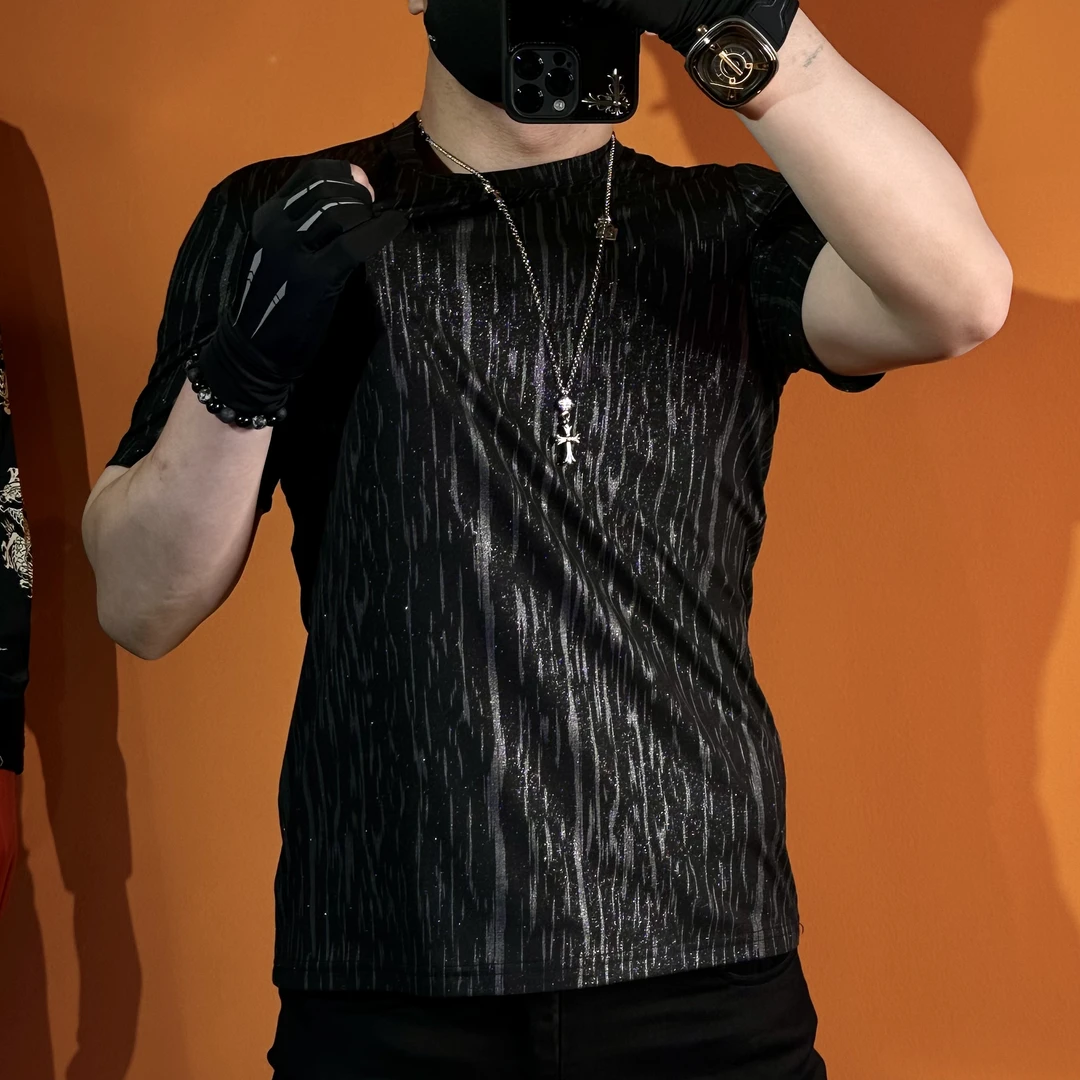 2024男士时尚休闲夏季男装轻奢黑色条纹潮流t恤8809