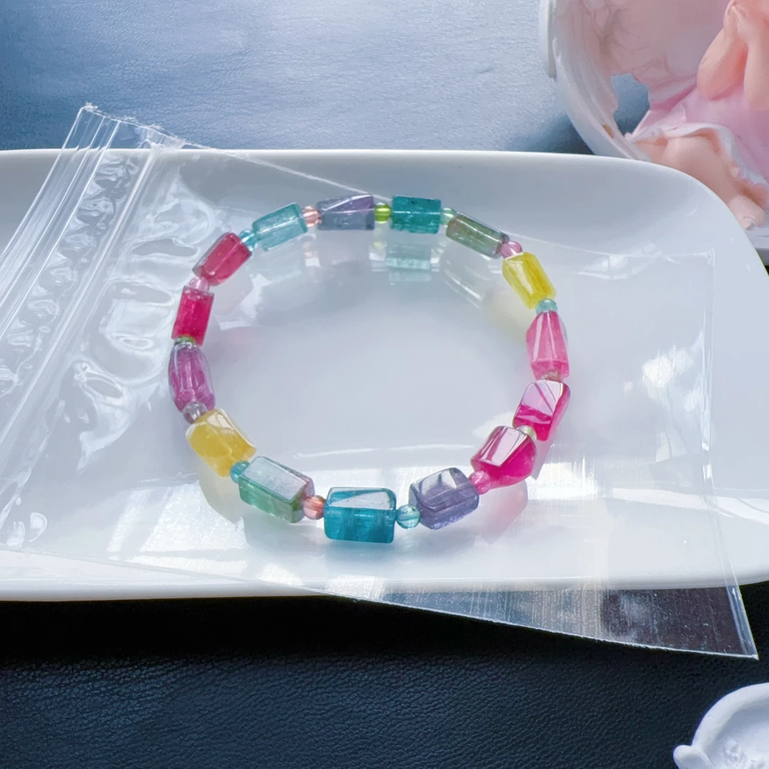 天然巴西粉蓝西瓜碧玺原石手链 随型方糖 颜色漂亮 晶体干净 稀有