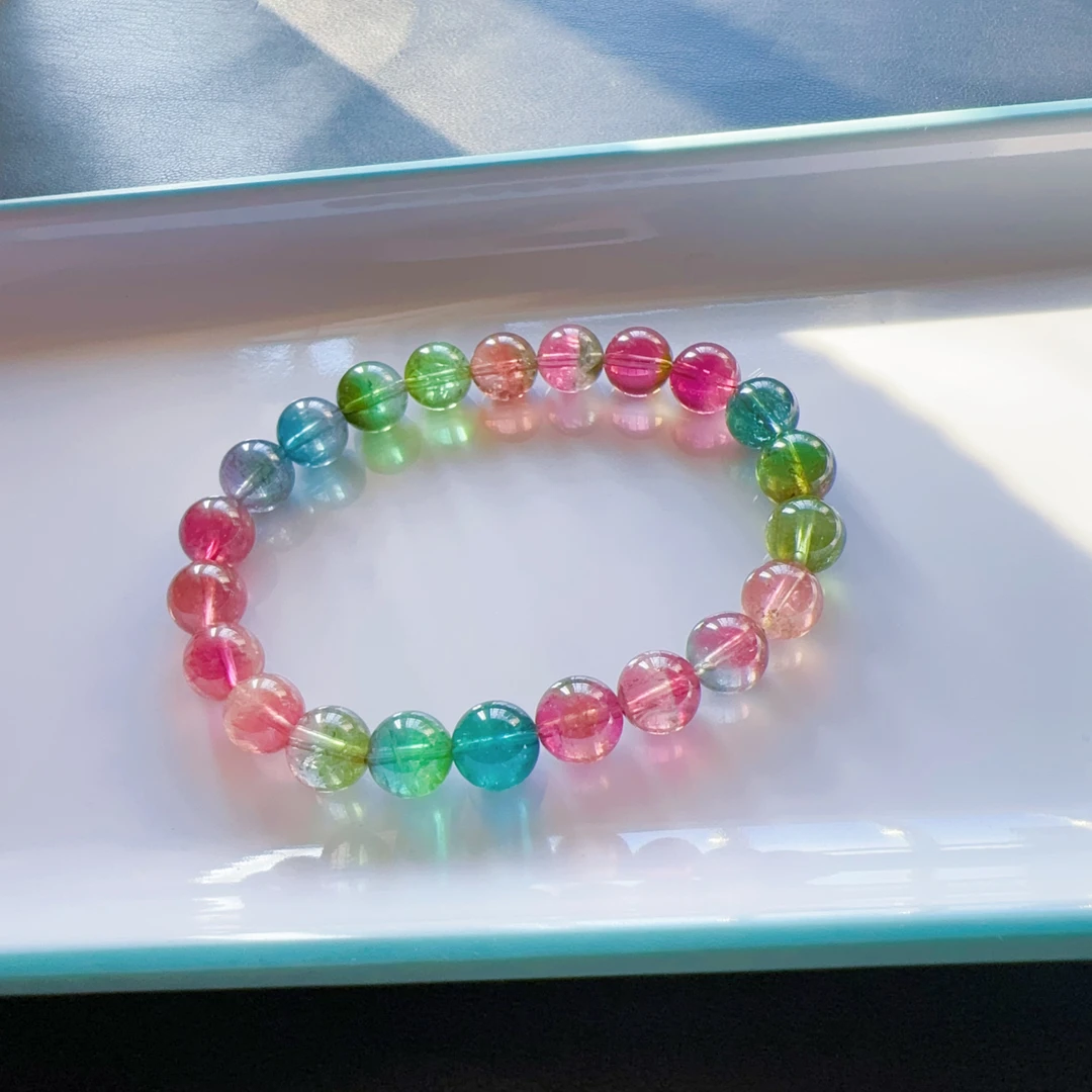 天然巴西老矿玻璃体西瓜碧玺单圈手链手串女 一物一图 8.8mm