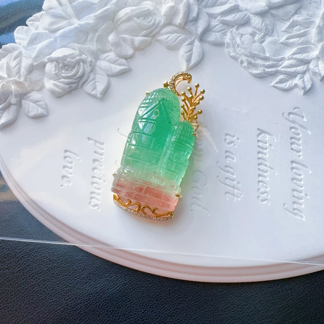 天然巴西料红紫蓝西瓜碧玺吊坠 颜色漂亮 西瓜城堡吊坠厚实