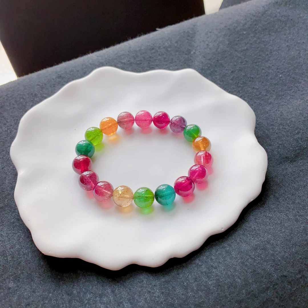 天然巴西荧光色标彩虹碧玺单圈手链 浓艳油亮全色系 晶体通透女款