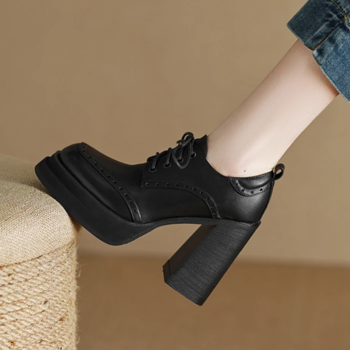 英伦风圆头粗跟不累脚的高跟鞋春季厚底系带布洛克深口防水台单鞋