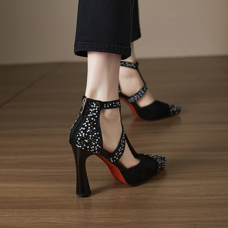 黑色防水台高跟鞋女粗跟法式珍珠夏季镂空包头凉鞋2025夏新款真皮