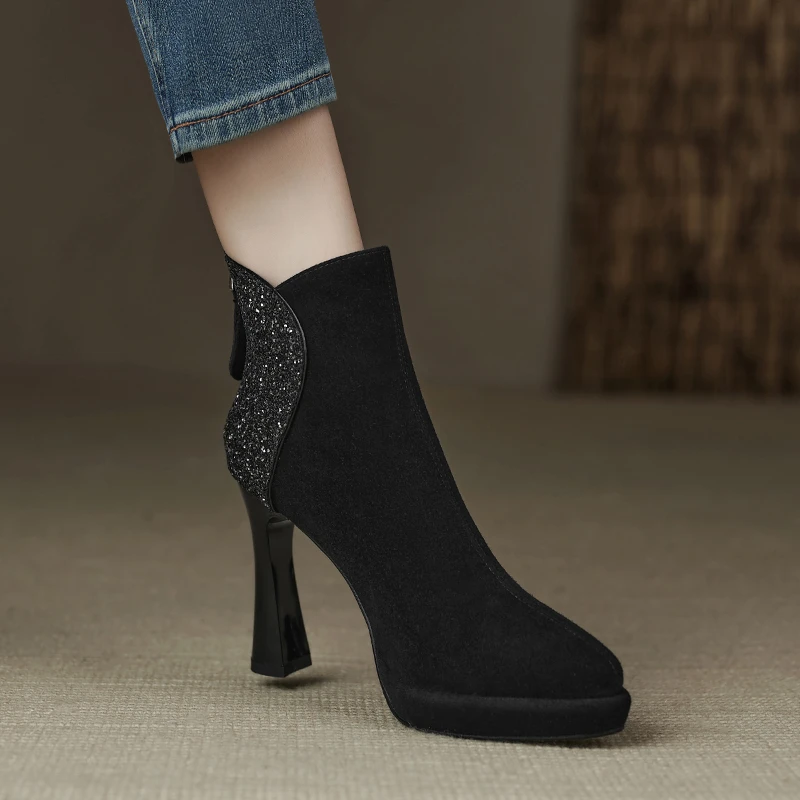 小个子女式冬季防水台高跟靴子女尖头羊翻皮短靴百搭真皮西部靴子